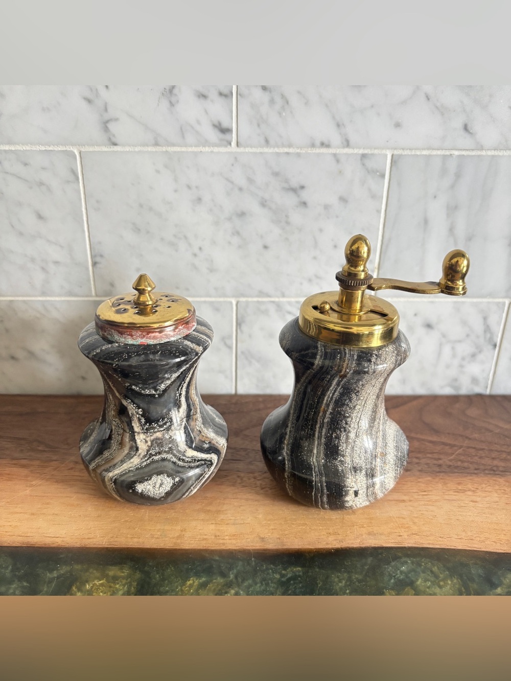 Vintage Italian Marble / Onyx Stone and Brass Salt and Pepper Mill Set